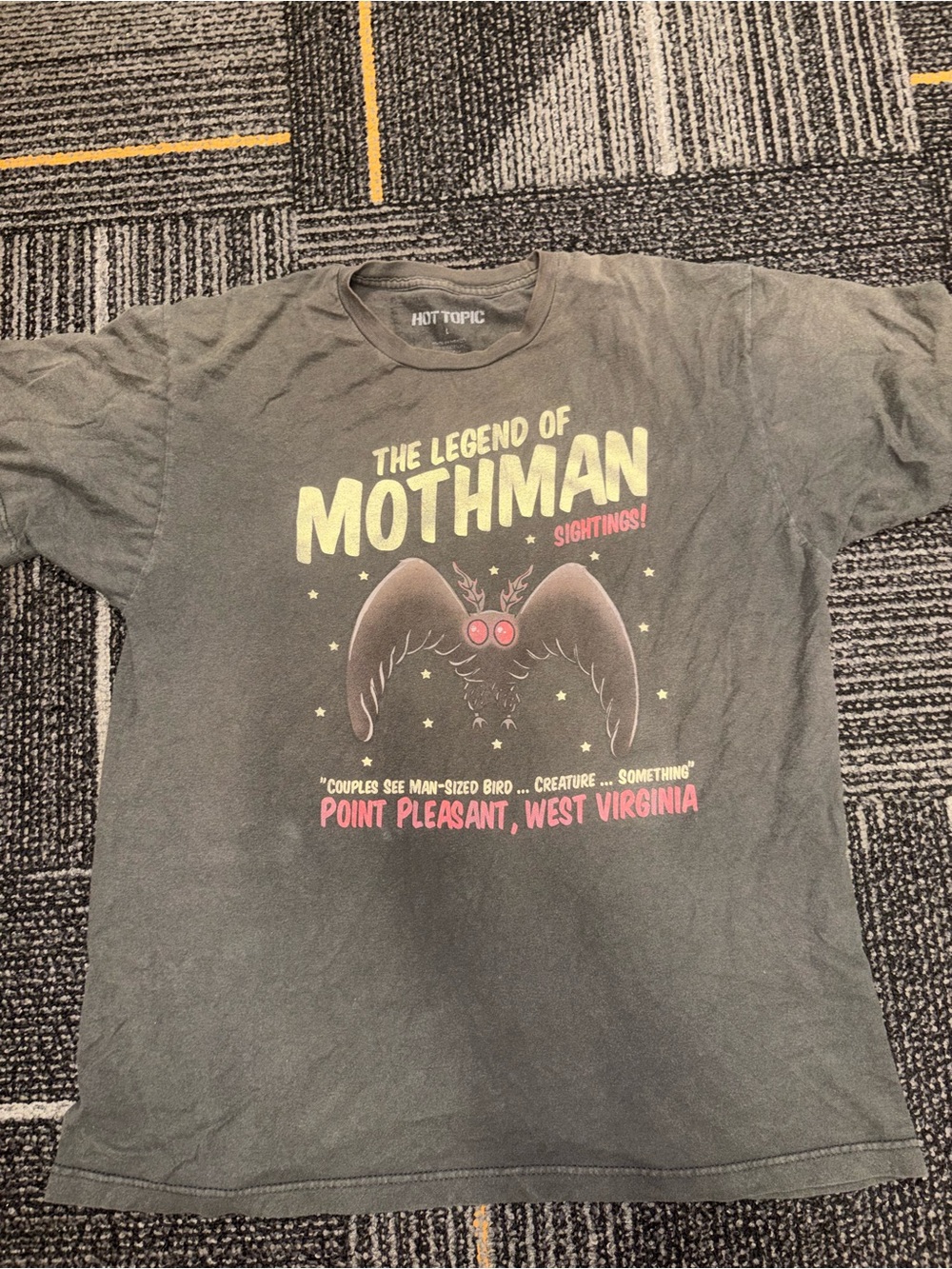 Hot Topic Black Mothman Graphic Tee with Yellow & Red Accents